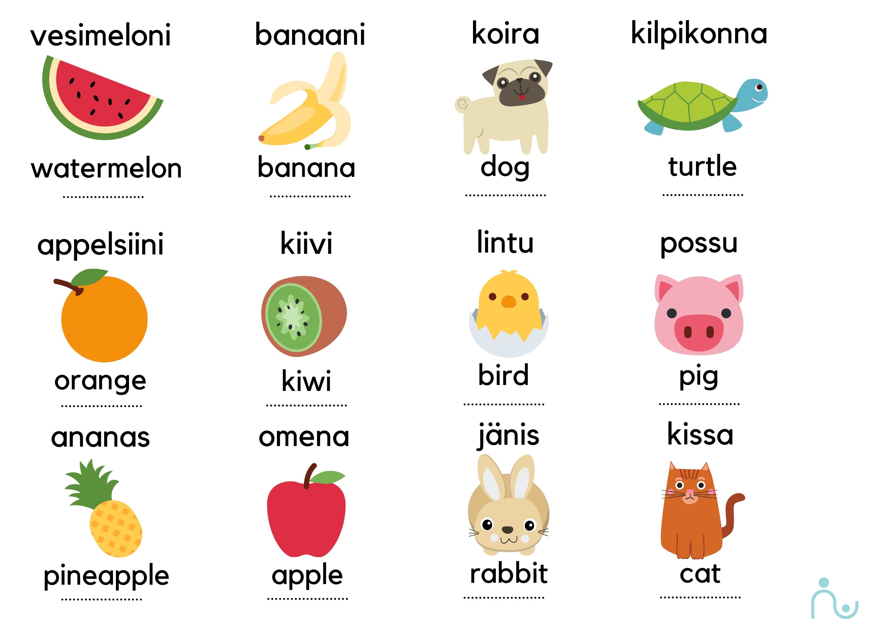 hedelmät-ja-eläimet-englanniksi