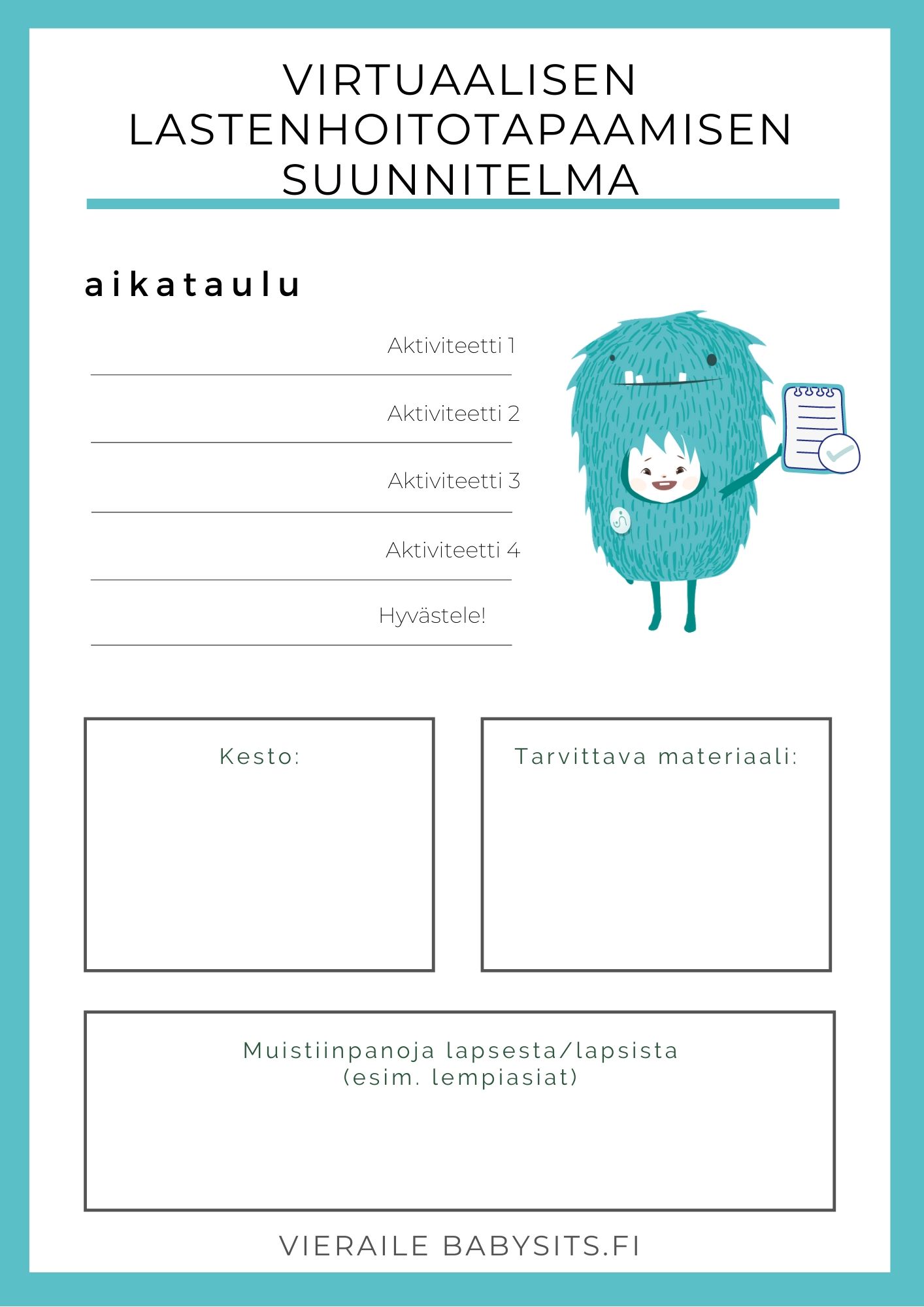 virtuaalisen lastenhoitotapaamisen suunnitelma