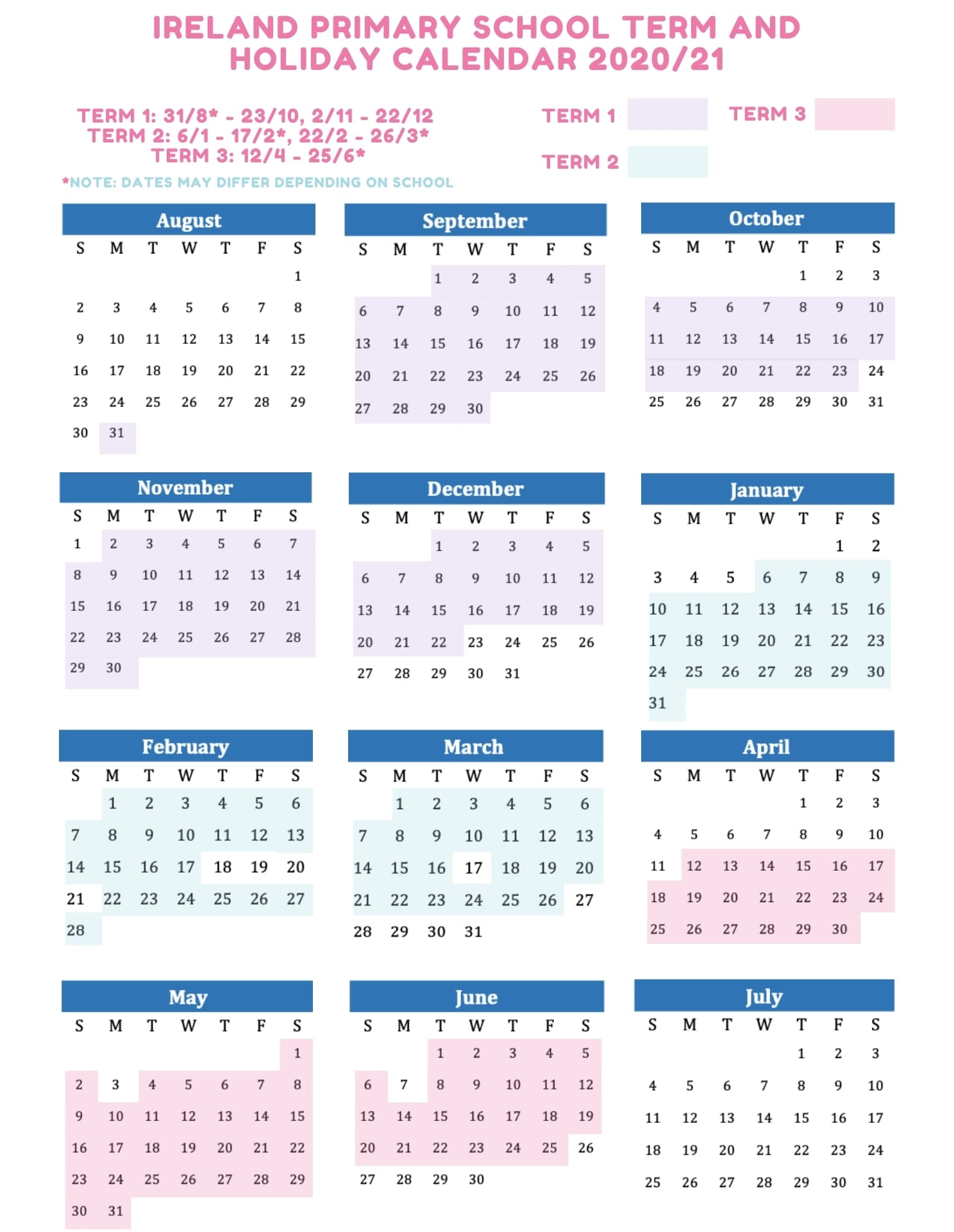 School Term Dates And Holidays Ireland 2020 2021 Printable Calendars
