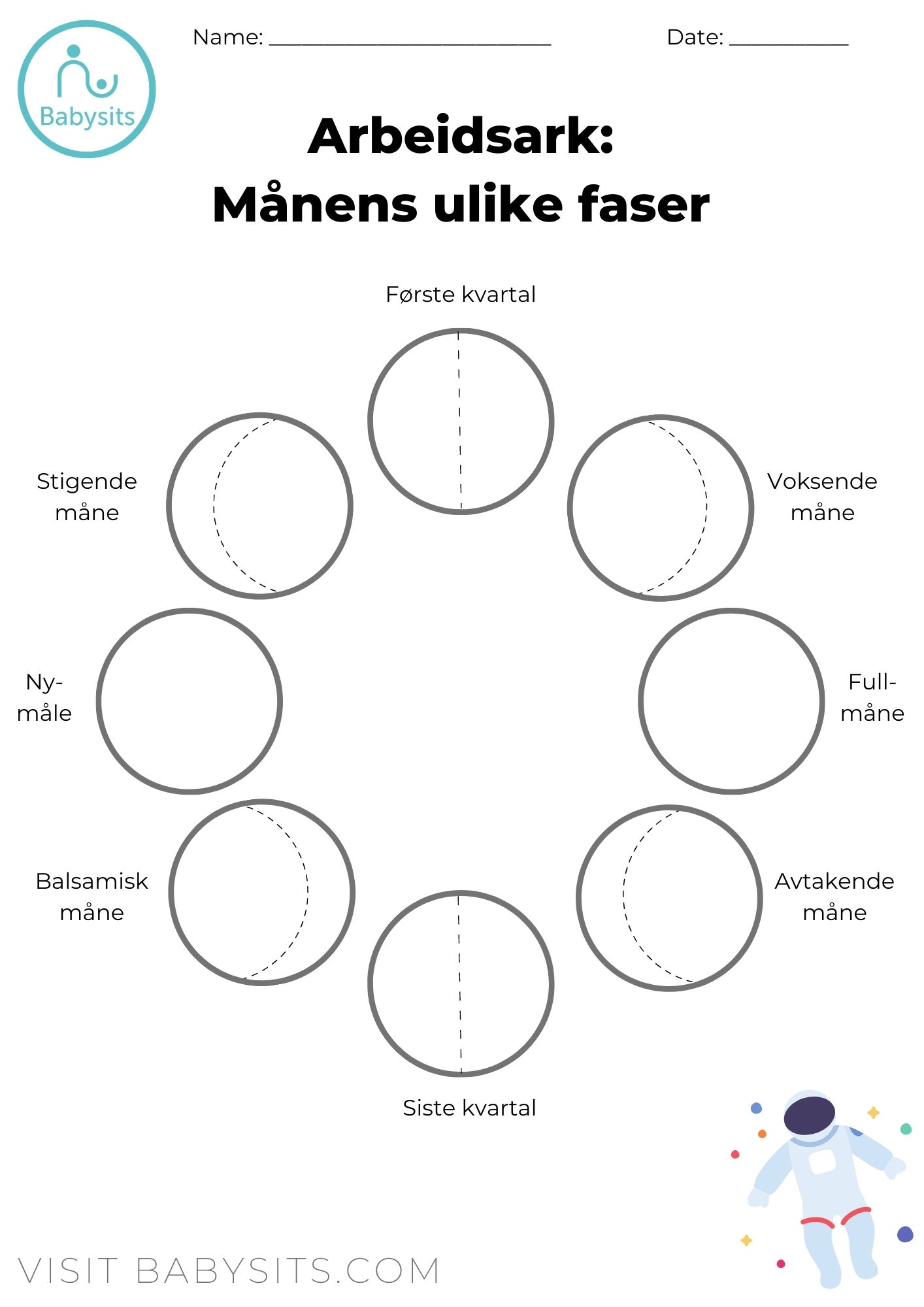 Månefaser arbeidsark