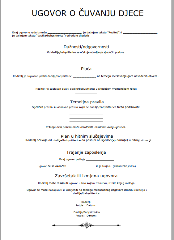 Predložak ugovora u čuvanju djece