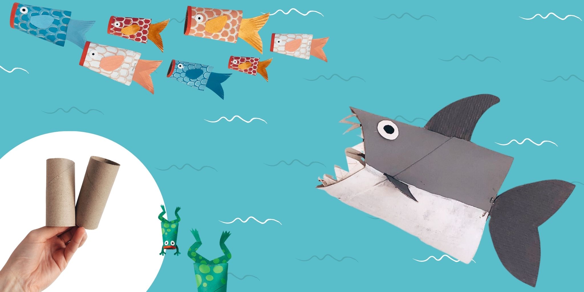 Criaturas da água: tubarão, sapo e peixe
